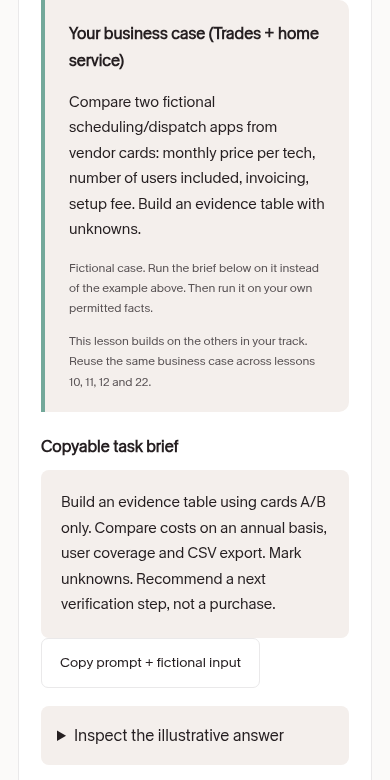 Actual mobile lesson showing a trades business case and copy-prompt button