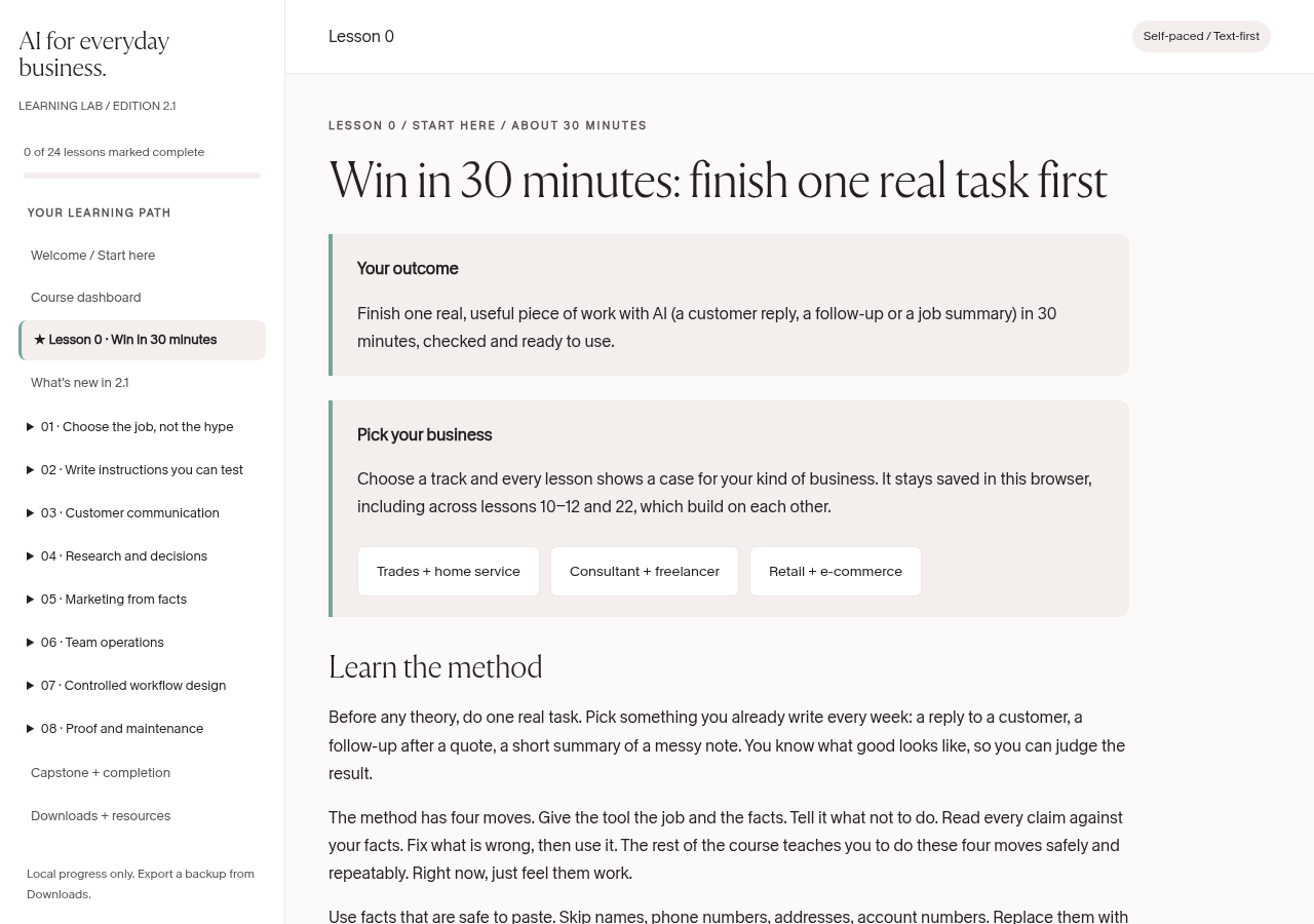 The actual Lesson 0 course page: Win in 30 minutes, with business-track choices